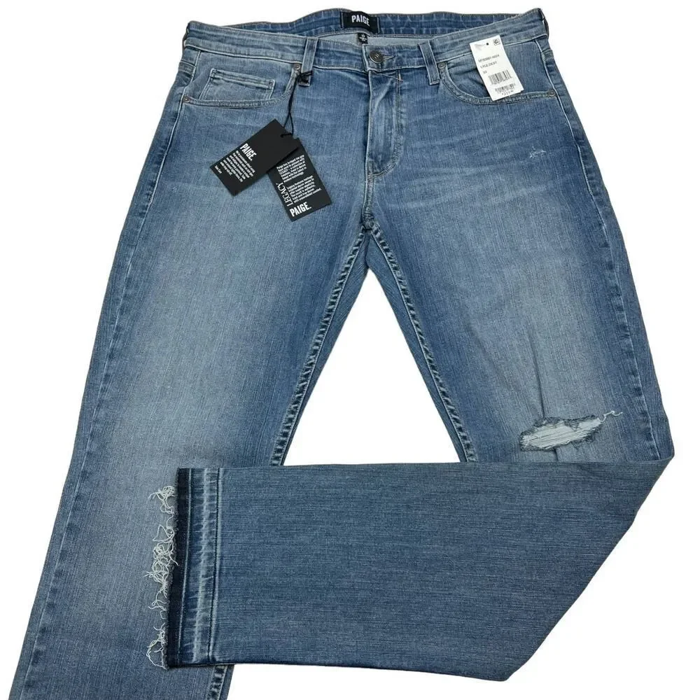 Paige Lennox Men Lyle Dest Denim Blue Slim Skinny Stretch Ripped Jeans US 33